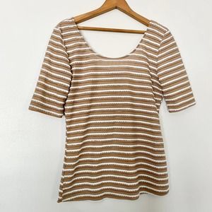Anthropology Scallop Striped Cream & Tan Top Large